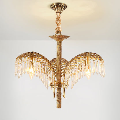 Brass Palm Leaf Crystal Chandelier