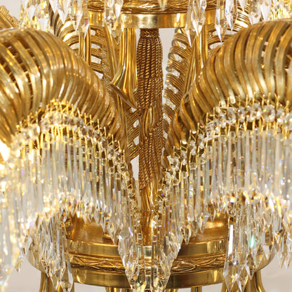 Brass Palm Leaf Crystal Chandelier