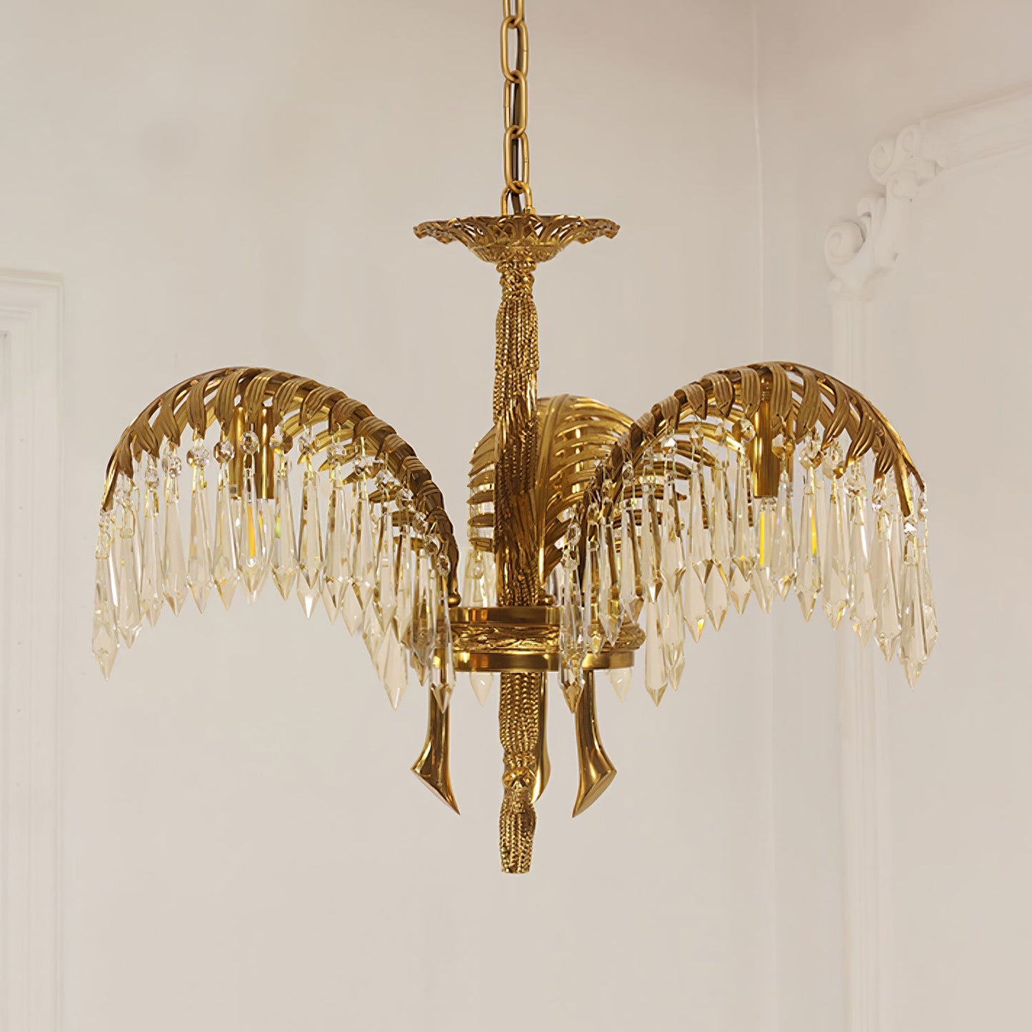 Brass Palm Leaf Crystal Chandelier