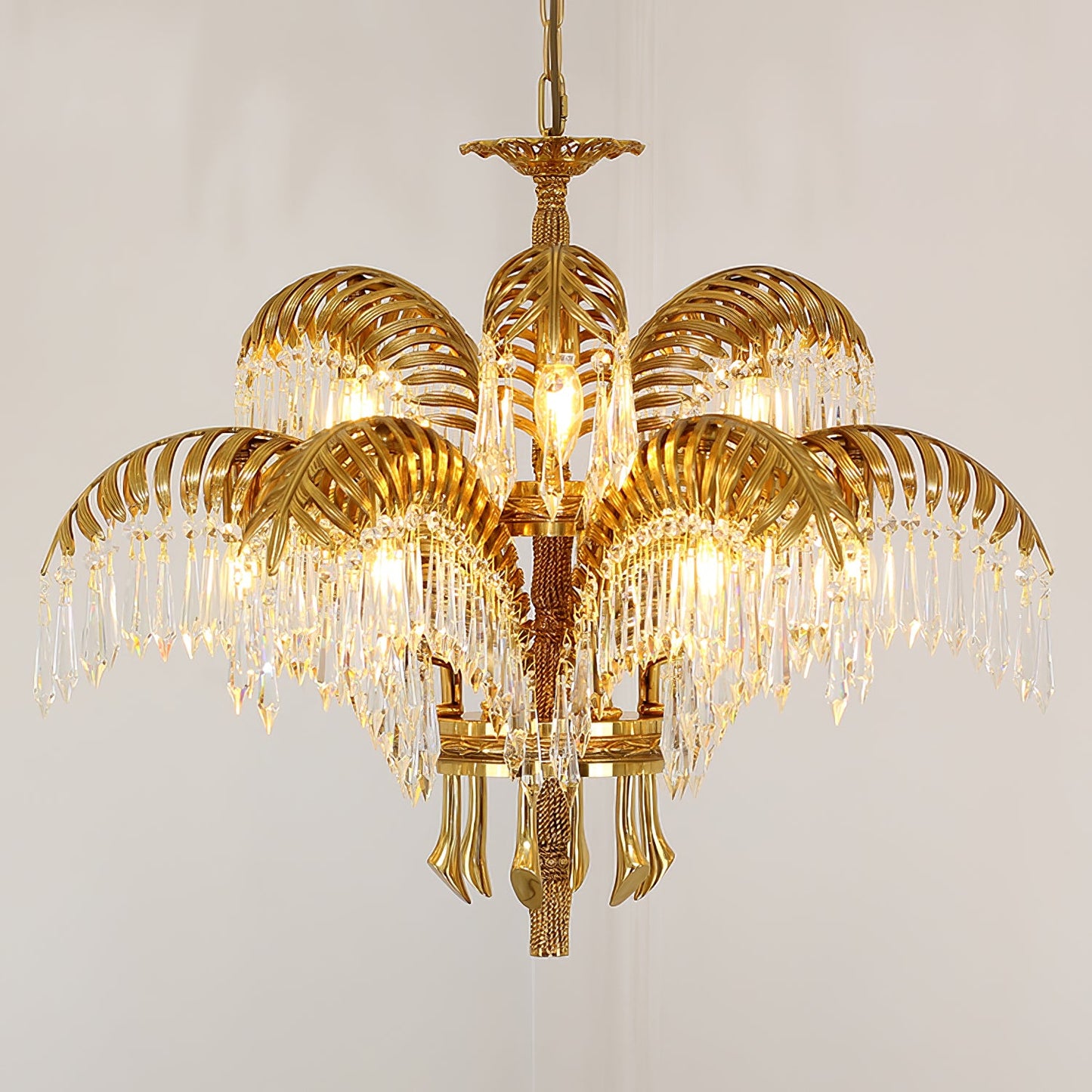 Brass Palm Leaf Crystal Chandelier