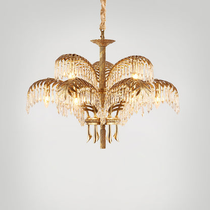 Brass Palm Leaf Crystal Chandelier