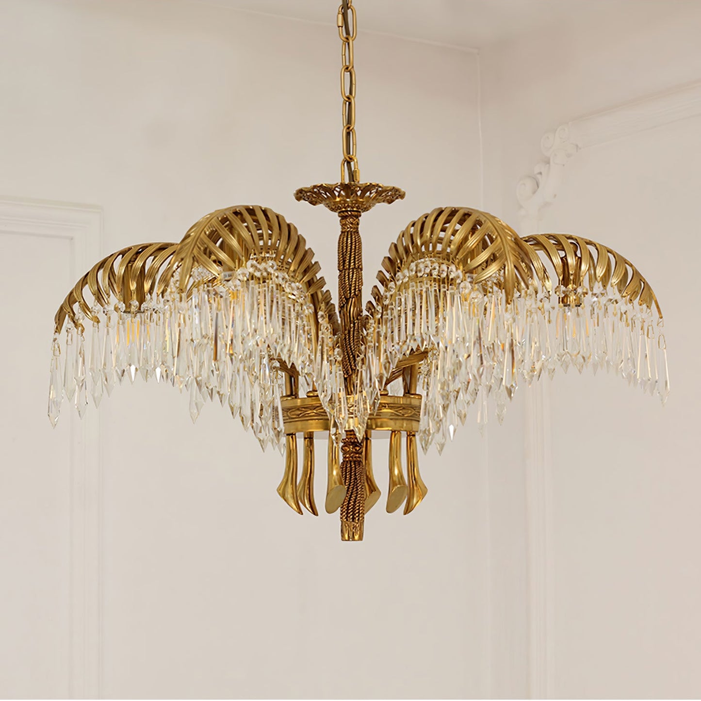 Brass Palm Leaf Crystal Chandelier