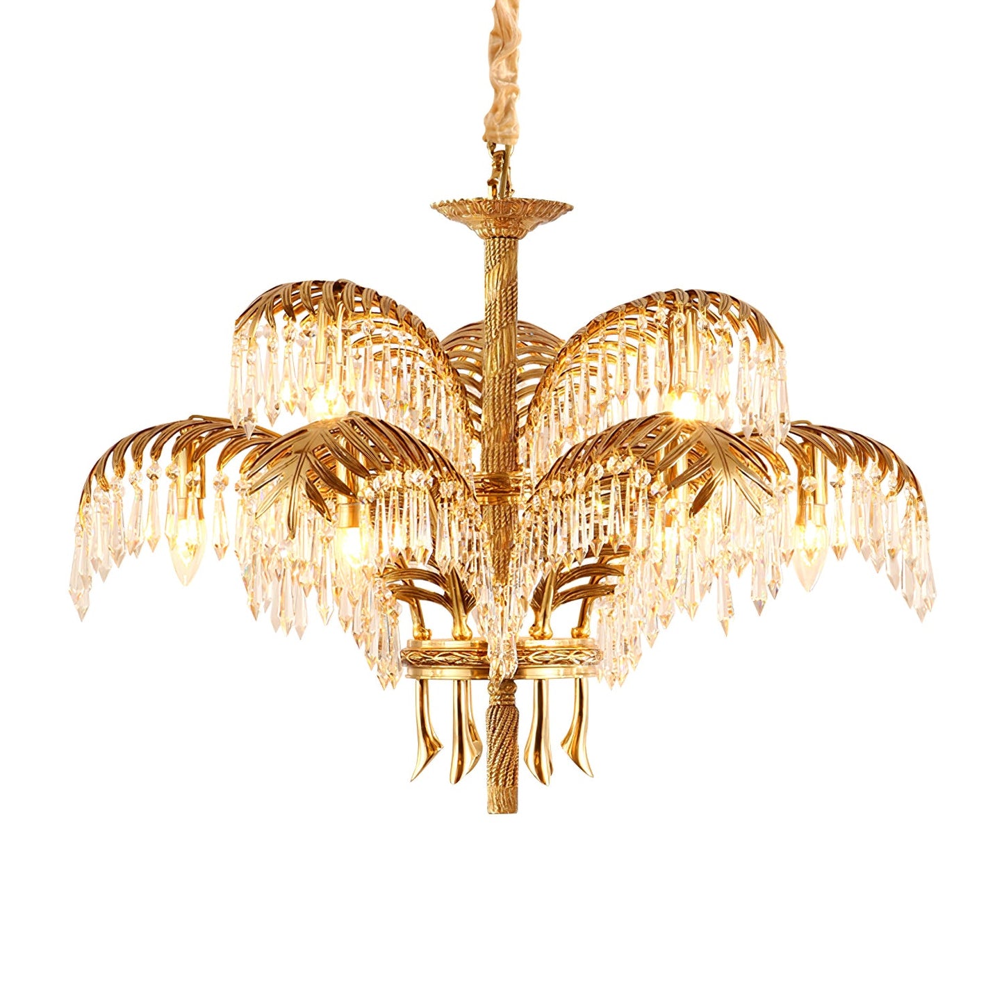 Brass Palm Leaf Crystal Chandelier