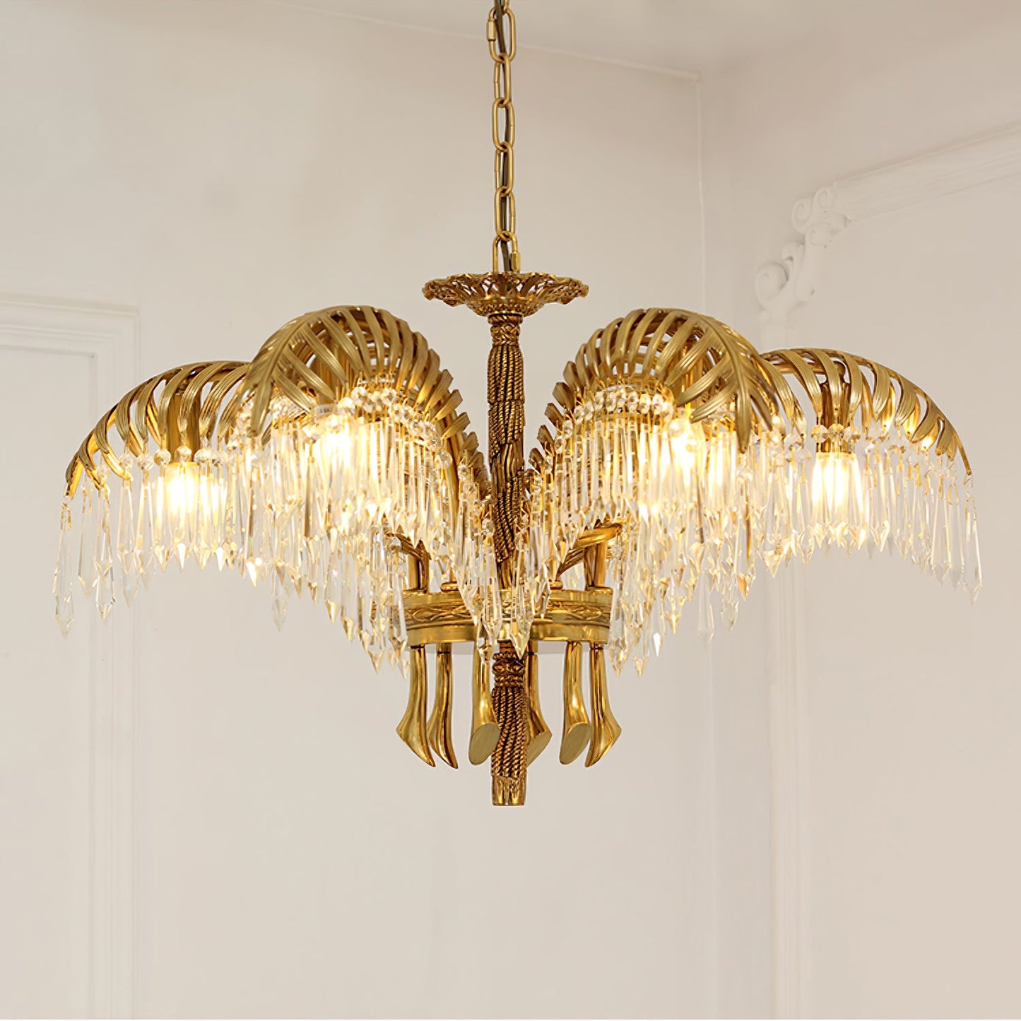 Brass Palm Leaf Crystal Chandelier