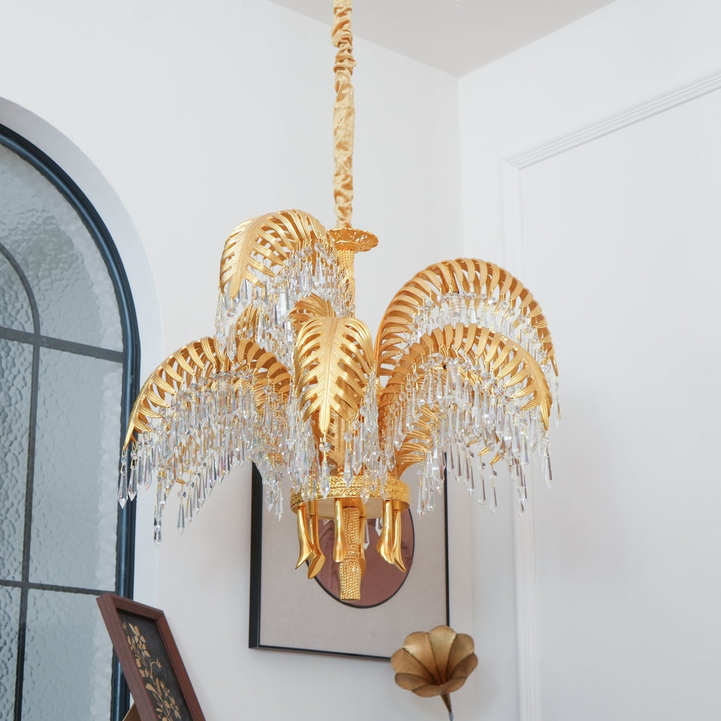 Brass Palm Leaf Crystal Chandelier