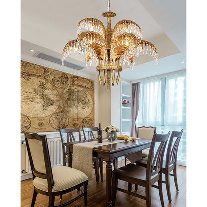 Brass Palm Leaf Crystal Chandelier