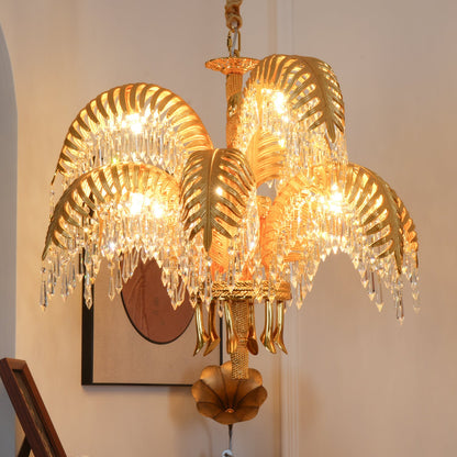 Brass Palm Leaf Crystal Chandelier