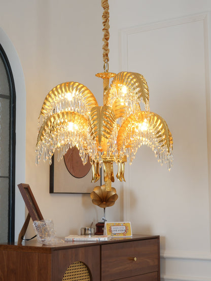 Brass Palm Leaf Crystal Chandelier