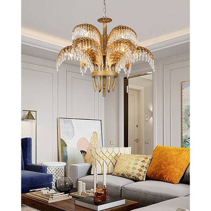 Brass Palm Leaf Crystal Chandelier