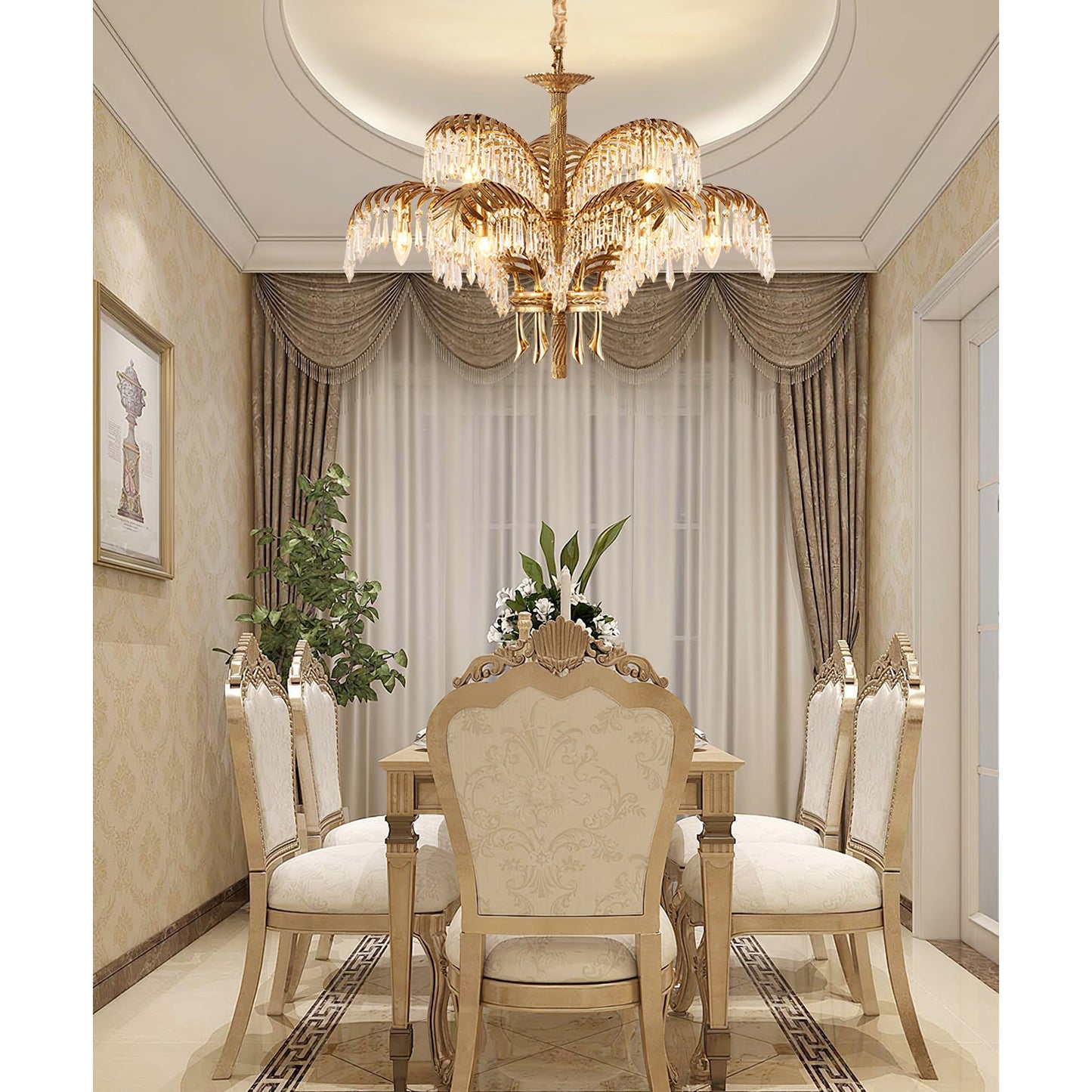 Brass Palm Leaf Crystal Chandelier