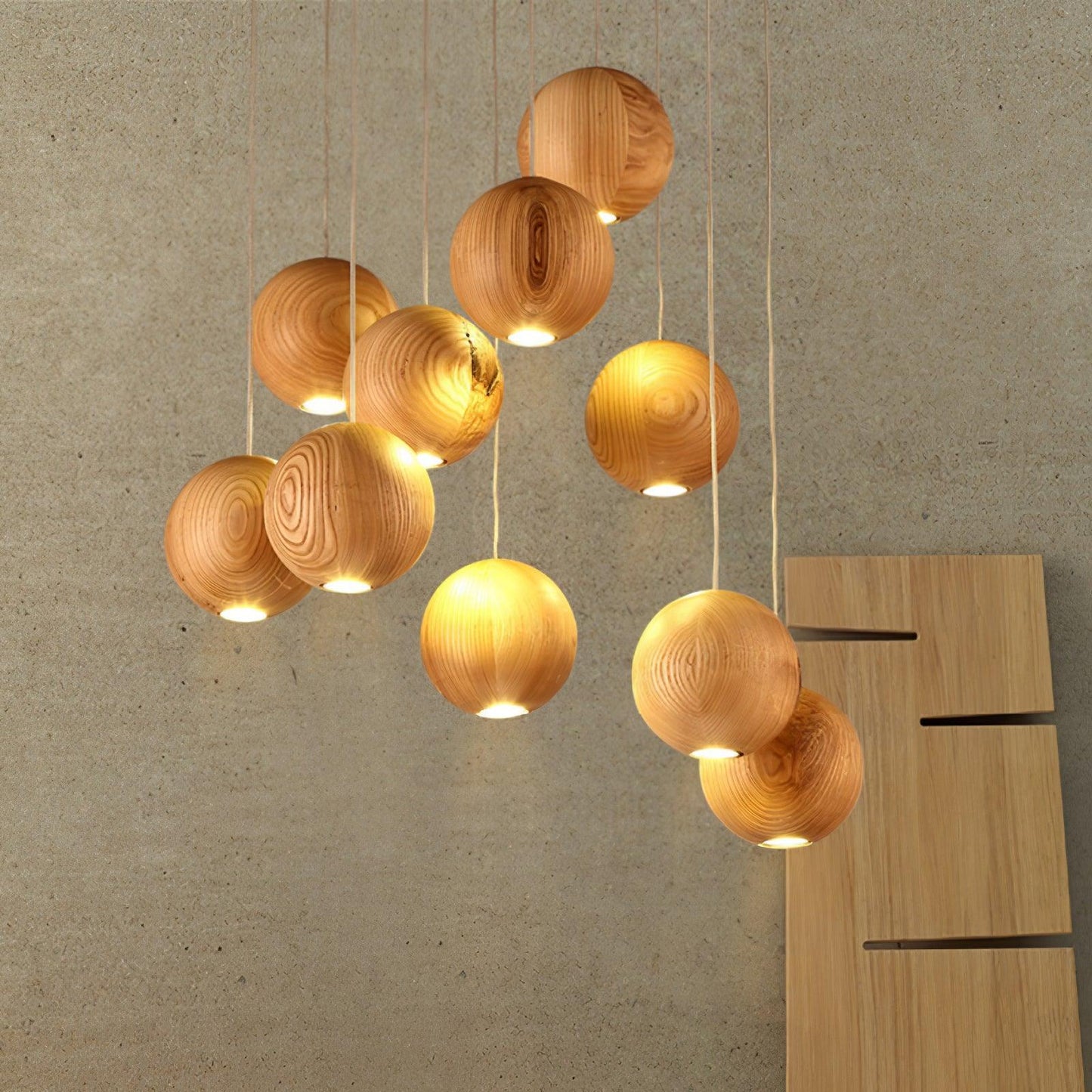 Wooden Orb Sphere Cluster Pendant Light