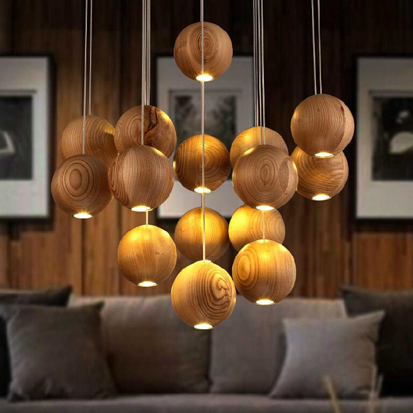 Wooden Orb Sphere Cluster Pendant Light