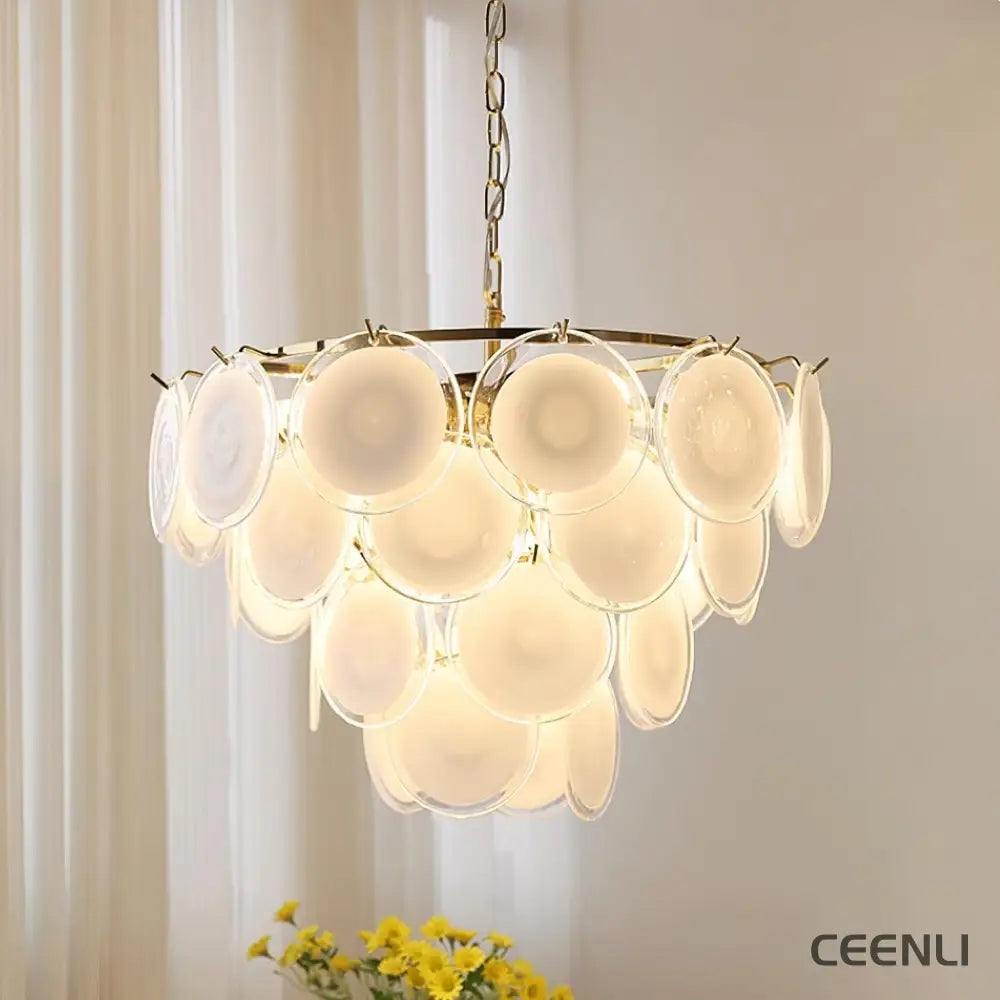 Bettina Murano Chandelier ∅ 24.4″ x H 19.6″ / Dia 62cm x H 50cm / Gold & White glass Chandelier