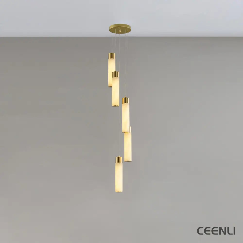 Celestial Alabaster Cascade Chandelier 5 Heads Round canopy ∅ 7.9″ x H 78.7″ / Dia 20cm x H 200cm / Brass & White