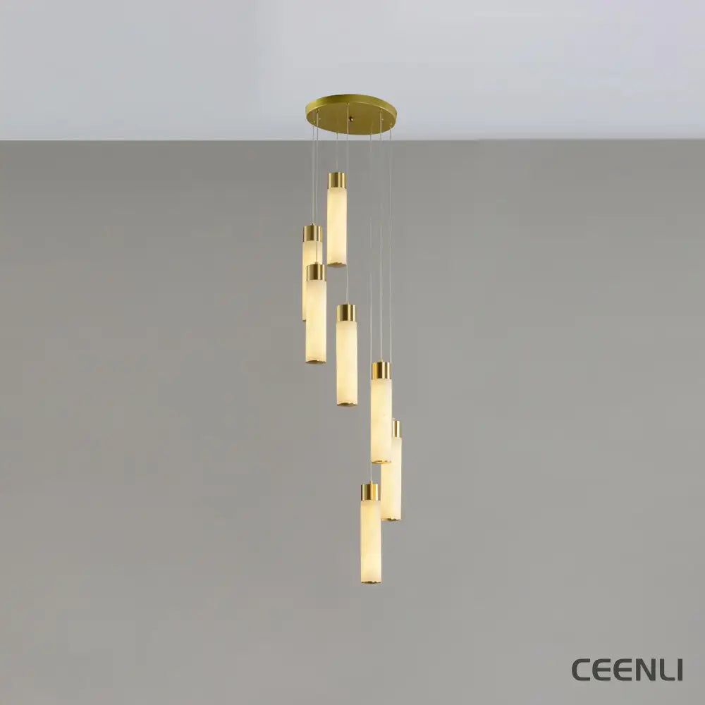 Celestial Alabaster Cascade Chandelier 7 Heads Round canopy ∅ 11.8″ x H 78.7″ / Dia 30cm x H 200cm / Brass & White