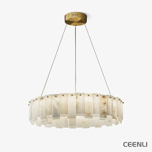 Celestial Alabaster Round Chandelier 1 layer ∅ 31.5″ x H 5.5″ / Dia 80cm x H 14cm / Brass & White / Warm Light