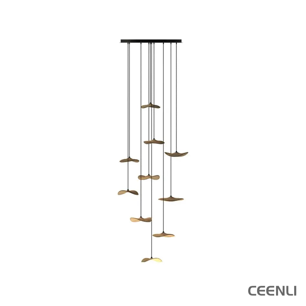Empty Leaf Chandelier 10Heads ∅ 35.4’’ x H 78.7’’ / Wood Color / Warm Light Chandelier
