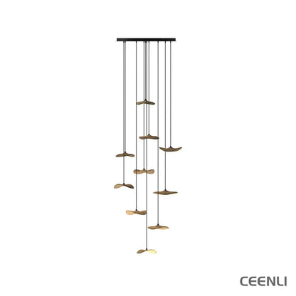 Empty Leaf Chandelier 10Heads ∅ 35.4’’ x H 78.7’’ / Wood Color / Warm Light Chandelier