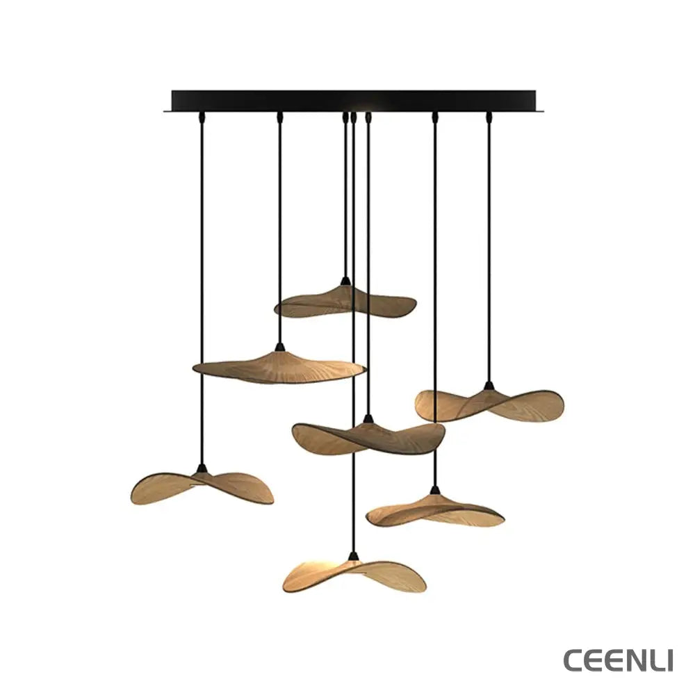 Empty Leaf Chandelier 7Heads ∅ 31.5’’ x H 21.7’’ / Wood Color / Warm Light Chandelier