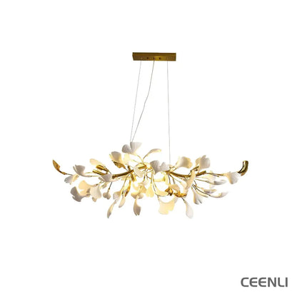 Gingko Chandelier D L 31.5″ x H 13.8″ / L 80cm x H 35cm（ G9*6 ） / Gold & White Chandelier