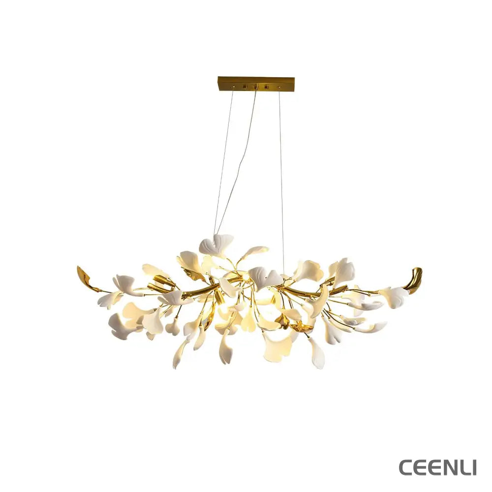 Gingko Chandelier D L 39.4″ x H 15.7″ / L 100cm x H 40cm（ G9*8 ） / Gold & White Chandelier