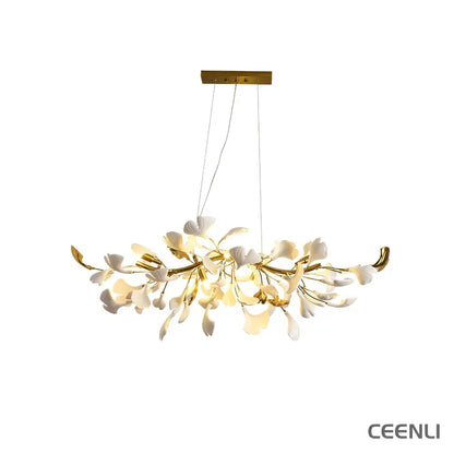 Gingko Chandelier D L 39.4″ x H 15.7″ / L 100cm x H 40cm（ G9*8 ） / Gold & White Chandelier
