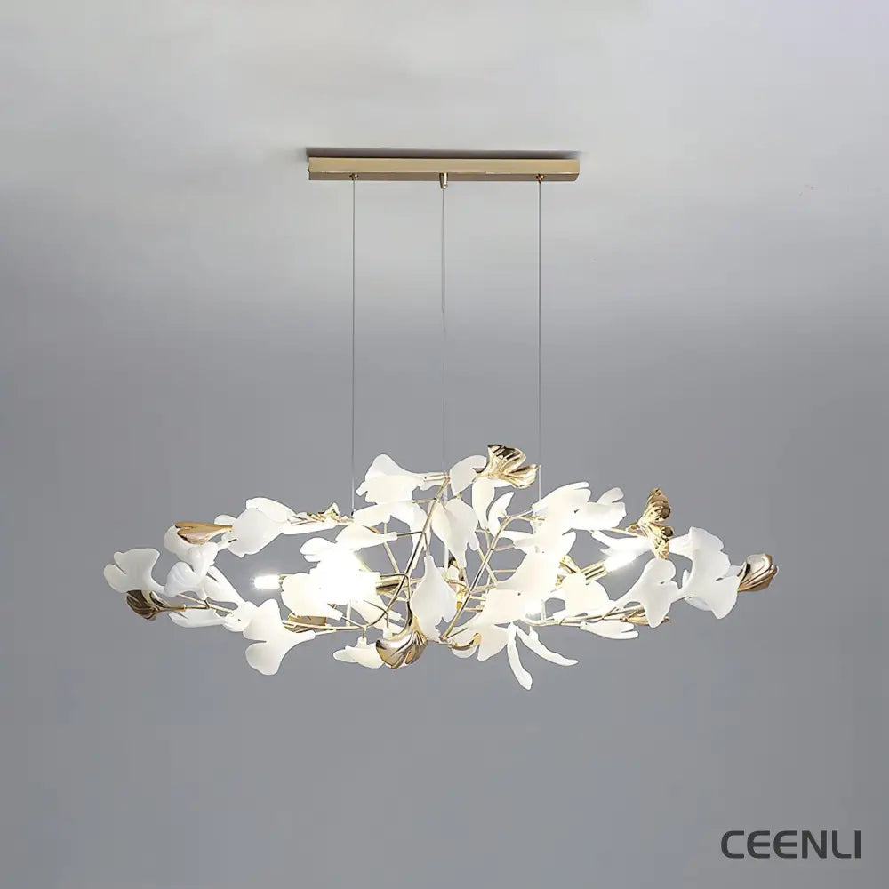Gingko Chandelier H Model A L 31.5″ x W 11.8″ x H 11.8″ / L 80cm x W 30cm x H 30cm / Gold & White Chandelier