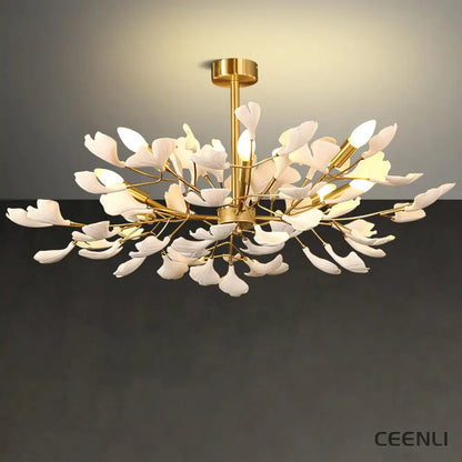 Gingko Chandelier J ∅ 25.6″ x H 15.7″ / Dia 65cm x H 40cm / Gold & White Chandelier