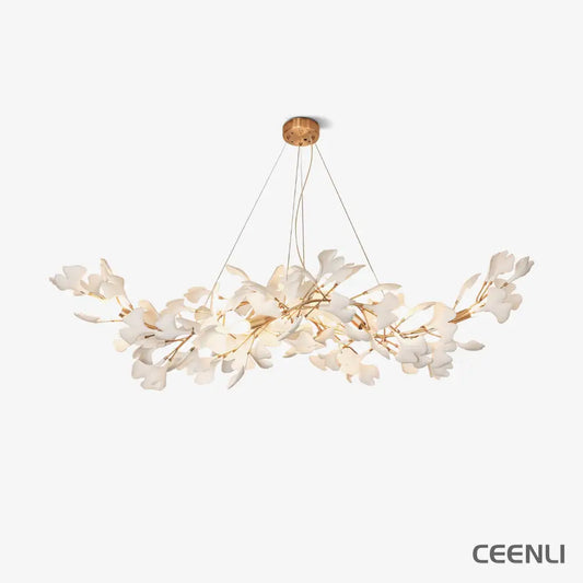 Gingko Chandelier K L 39.3″ x W 17.7″ x H 59″ / L 100cm x W 45cm x H 150cm / Gold & White Chandelier