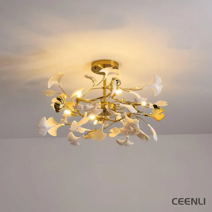 Gingko Chandelier L ∅ 23.6″ x H 11.8″ / Dia 60cm x H 30cm / Gold & White Chandelier