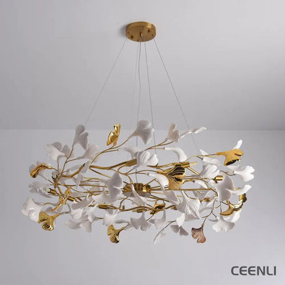 Gingko Chandelier P ∅ 39.4″ x H 11.8″ / Dia 100cm x H 30cm / Gold & White Chandelier