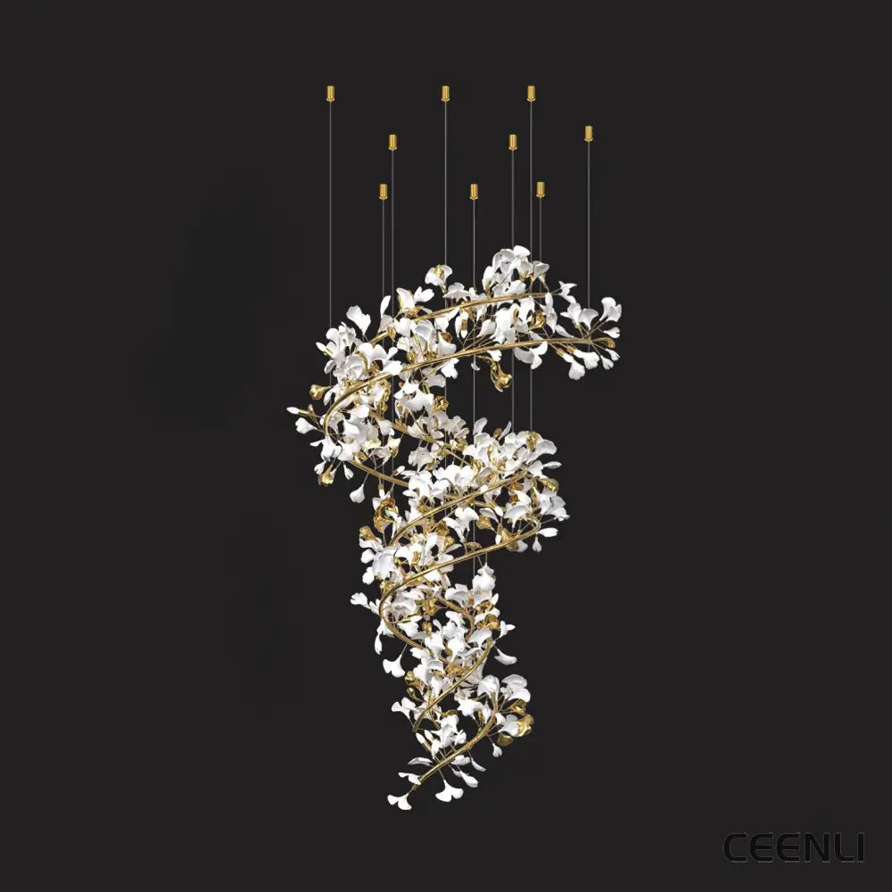 Gingko Chandelier Q ∅ 31.5″ x H 78.7″ / Dia 80cm x H 200cm Suitable for spaces higher than 13 feet / Gold + White