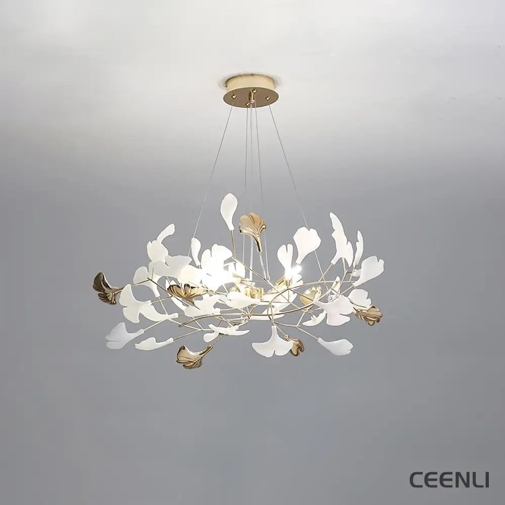 Gingko Chandelier R Model A L 31.5″ x W 15.7″ x H 15.7″ / L 80cm x W 40cm x H 40cm / Gold & White Chandelier