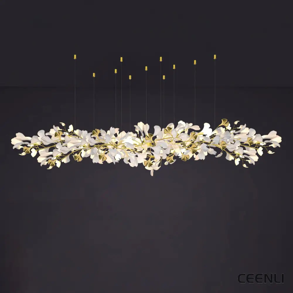 Gingko Chandelier Z L 118.1″ x W 27.6″ / L 300cm x W 70cm / Gold & White Chandelier