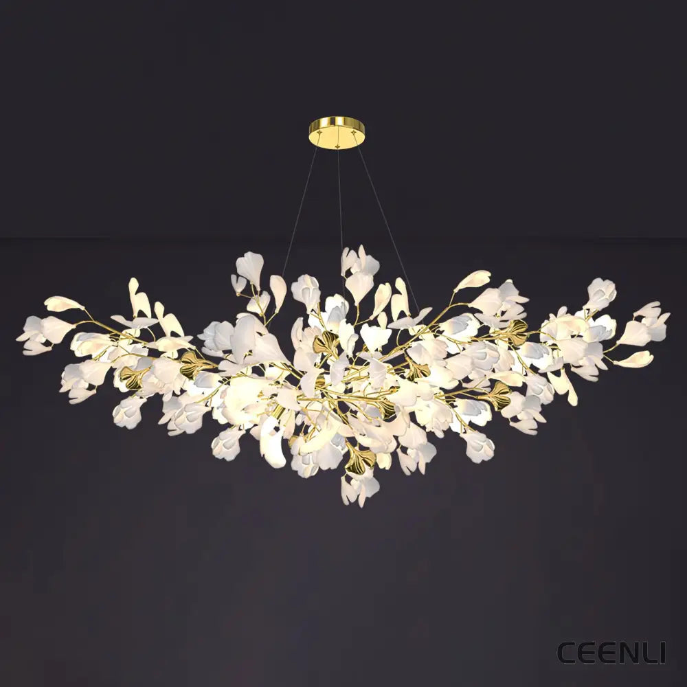 Gingko Chandelier Z L 59.1″ x W 21.7″ / L 150cm x W 55cm / Gold & White Chandelier