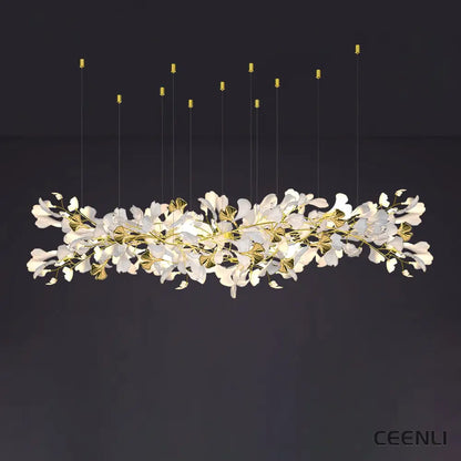 Gingko Chandelier Z L 98.4″ x W 23.6″ / L 250cm x W 60cm / Gold & White Chandelier