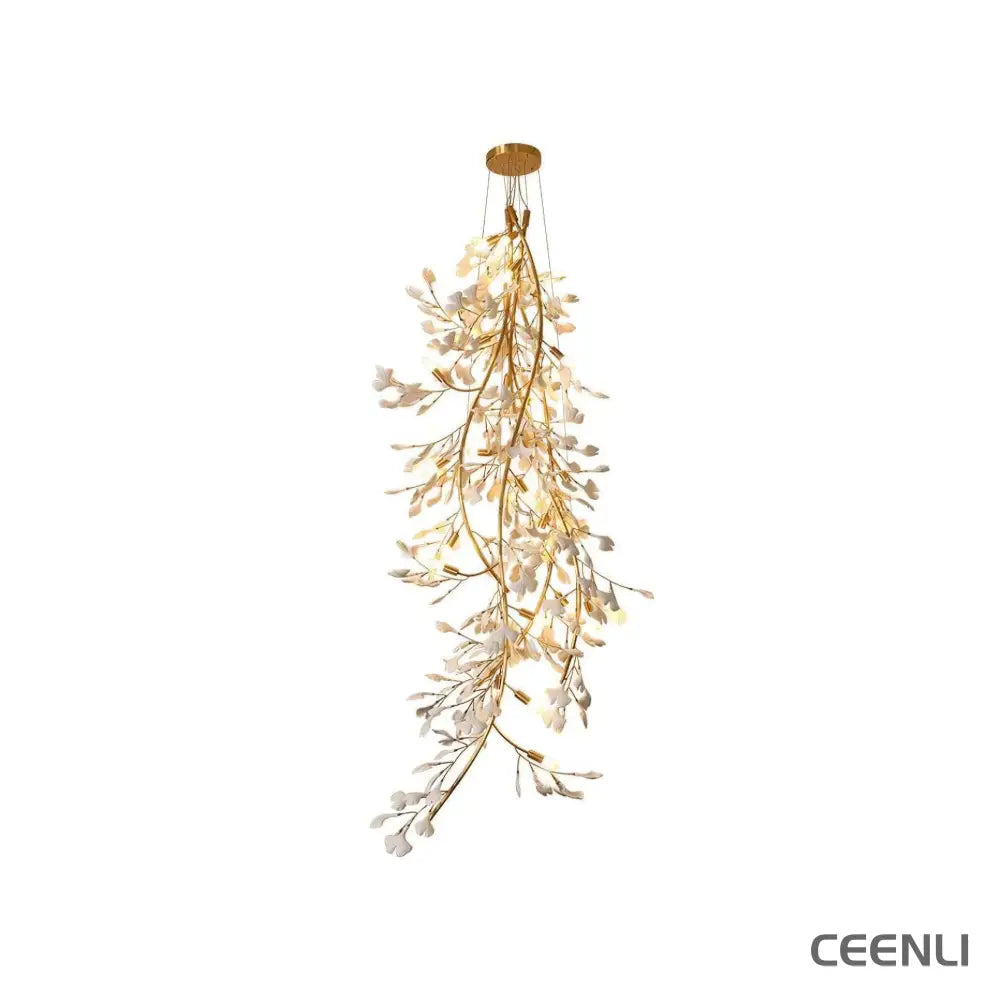 Gingko Long Branch Chandelier L 31.5″ x H 78″ / L 80cm x H 198cm / Gold & White Chandelier