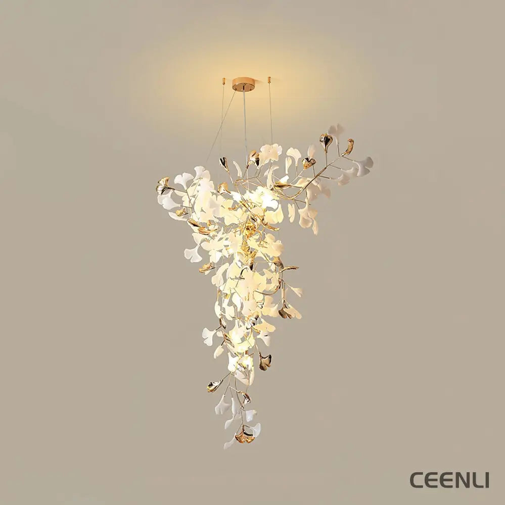 Ginkgo Tip Tlying Chandelier Model A L 39.4″ x W 23.6″ x H 59.1″ / L 100cm x W 60cm x H 150cm（ G9*10 ） / Gold & White