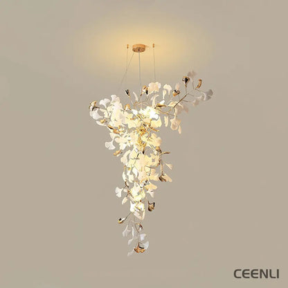 Ginkgo Tip Tlying Chandelier Model A L 39.4″ x W 23.6″ x H 59.1″ / L 100cm x W 60cm x H 150cm（ G9*10 ） / Gold & White