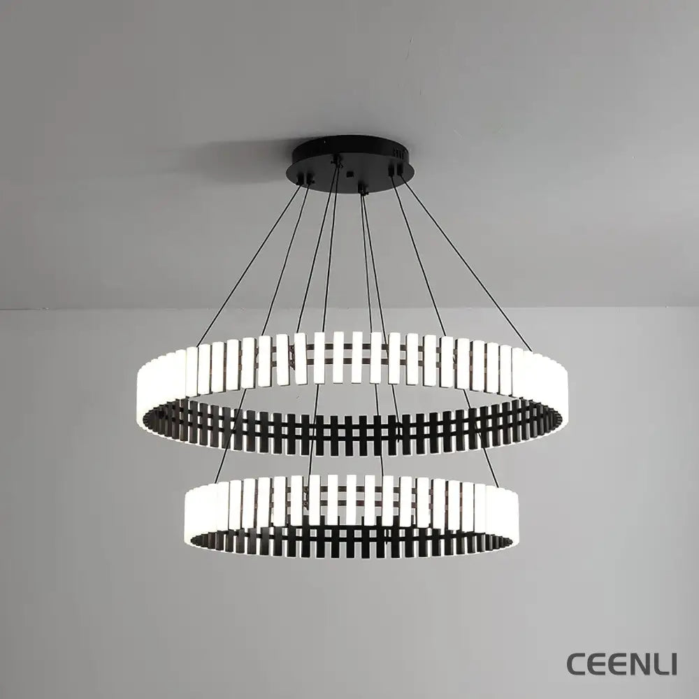Hanging LED Chandelier ∅ 15.7″ + ∅ 23.6″ x H 59″ / Black&White / Warm Light Chandelier