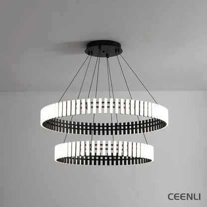 Hanging LED Chandelier ∅ 15.7″ + ∅ 23.6″ x H 59″ / Black&White / Warm Light Chandelier
