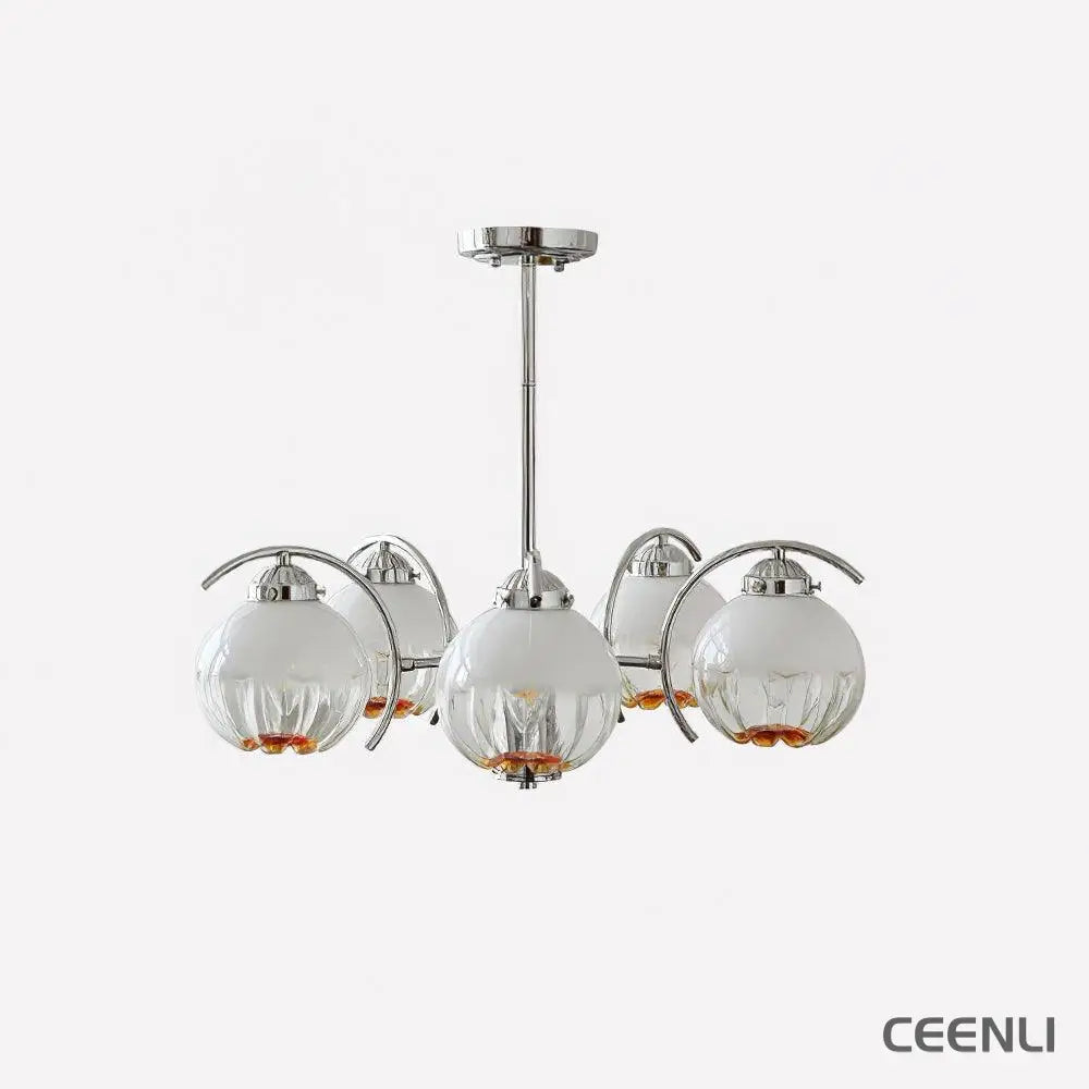 Litchford Chandelier 5 heads Φ 21.7″ x H 18.9″ / Dia 55cm x H 48cm / Chrome + Opaque Glass Chandelier
