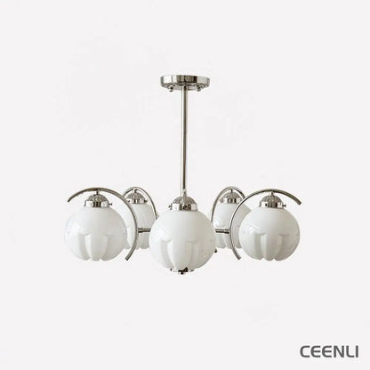 Litchford Chandelier 5 heads Φ 21.7″ x H 18.9″ / Dia 55cm x H 48cm / Chrome + White Glass Chandelier