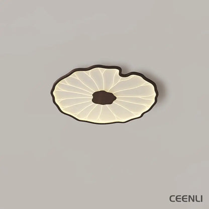 Lotus Leaf Acrylic Ceiling Lamp ∅ 11.8″ x H 1.6″ / Dia 30cm x H 4cm / Hydrographic Walnut Wood Grain Finish / Warm