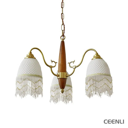 Mesh Tassel Glass Chandelier 3 heads ∅ 19.7″ x H 16.5″ / Dia 50cm x H 42cm / Brass + White Chandelier