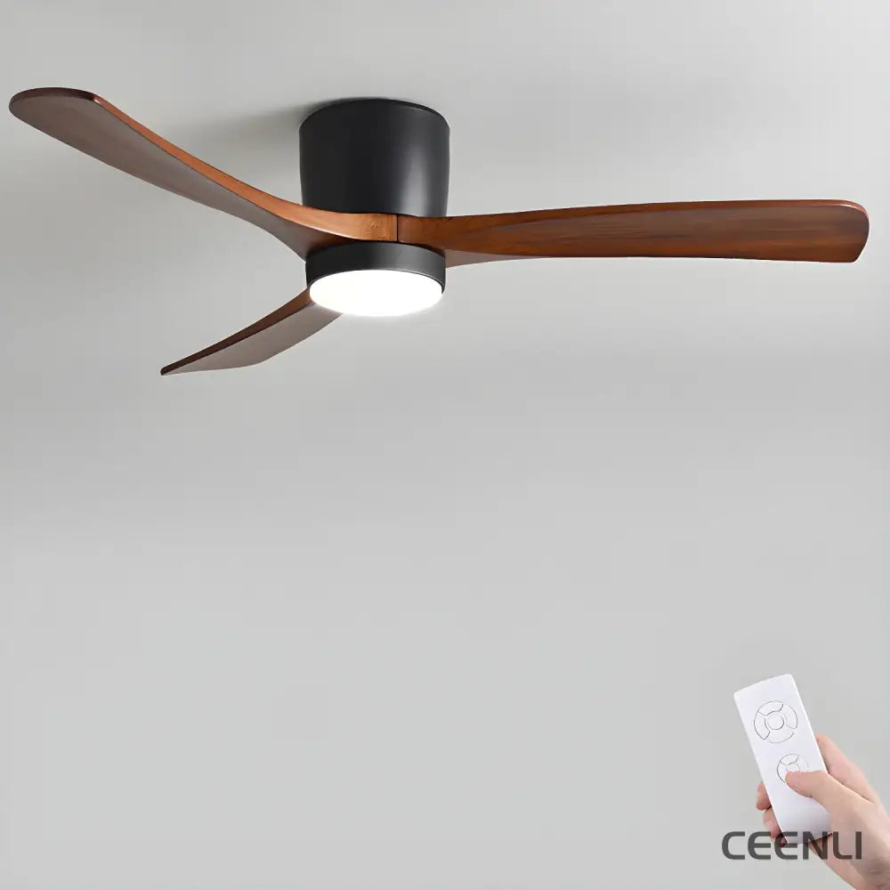 Nordic Wooden 42’’/48’’ Ceiling Fan Light ∅ 42″ x H 11″ / Black & Walnut Wood / Three-Color Changing Light Ceiling fan