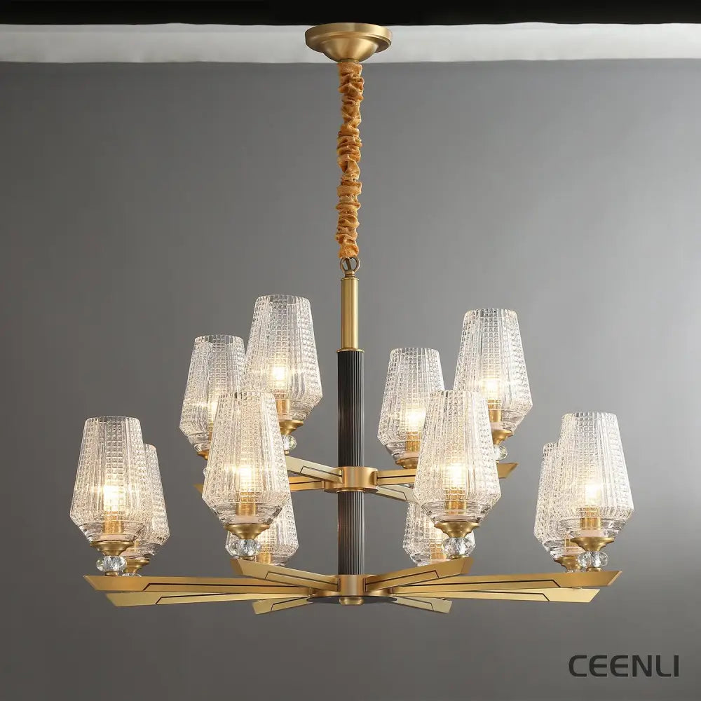 Orrefors Brass Chandelier 12 heads Φ 32.7″ x H 23.6″ / Dia 83cm x H 60cm / Brass Chandelier