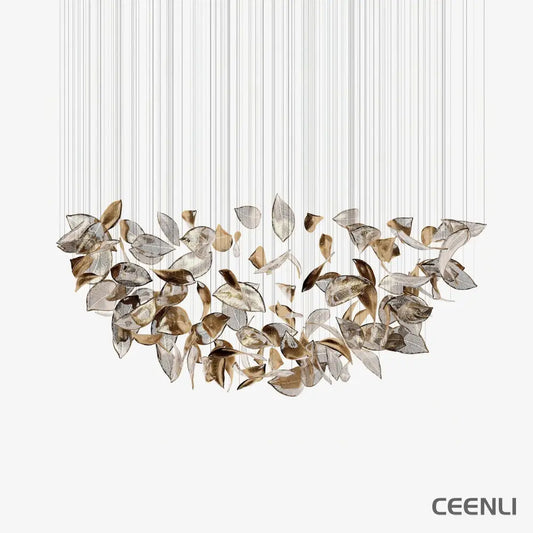 Shake Leaves Chandelier ∅ 47.2″ x 78.7″ / Dia 120cm x 200cm / Gold & Clear / Warm Light Chandelier