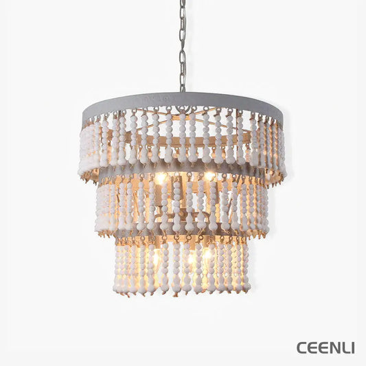 Three Tiered Wood Beaded Chandelier Φ 21.7″ x H 18.9″ / Dia 55cm x H 48cm / Old white Chandelier