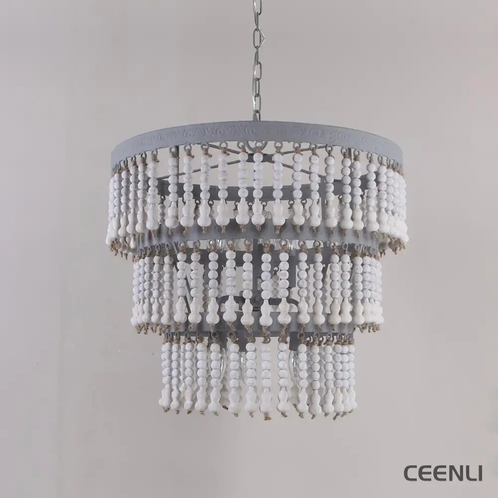 Three Tiered Wood Beaded Chandelier Φ 21.7″ x H 18.9″ / Dia 55cm x H 48cm / Old white Chandelier